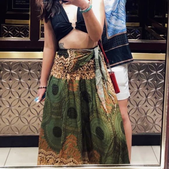 B BANGKOK PANTS Long Maxi Skirt Boho Gypsy Hippie Green Floral (One Size Fits) - Picture 2 of 6